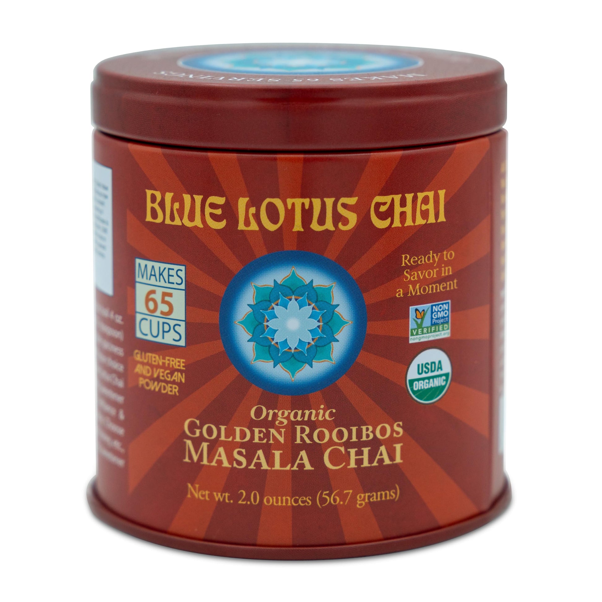 BLUE LOTUS CHAI Masala Chai Powder - Golden Rooibos Flavor - Instant Tea - 2 Oz - Makes 65 Cups - Gluten Free