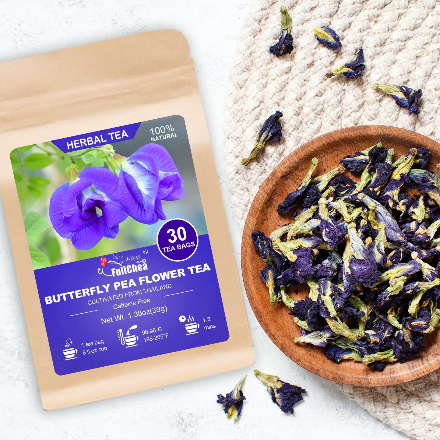 FullChea Butterfly Pea Flower Tea Bags - 30 Count, Caffeine-free, Non-GMO, Rich in Antioxidants, Premium Dried from Thailand