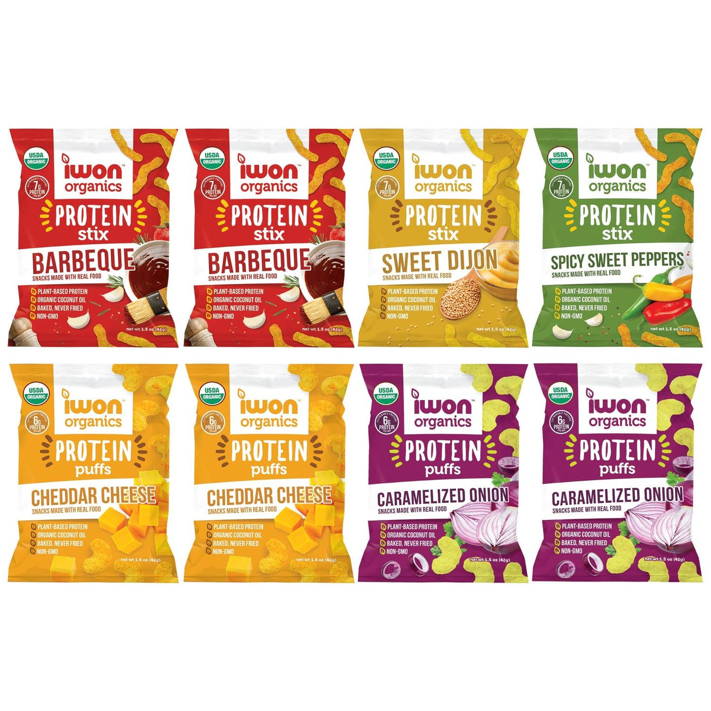 IWON Organics, Variety Pack of 8 Tasty Snacks, Protein Puffs and Snack Stix, High Protein and Organic Healthy Snacks, 5 Flavors,