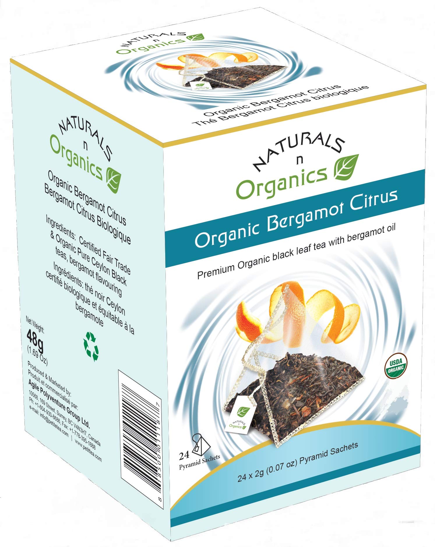 Naturals-n-Organics Organic Bergamot Citrus Earl Grey Tea, 24 Biodegradable Pyramid Bags, 24 Count