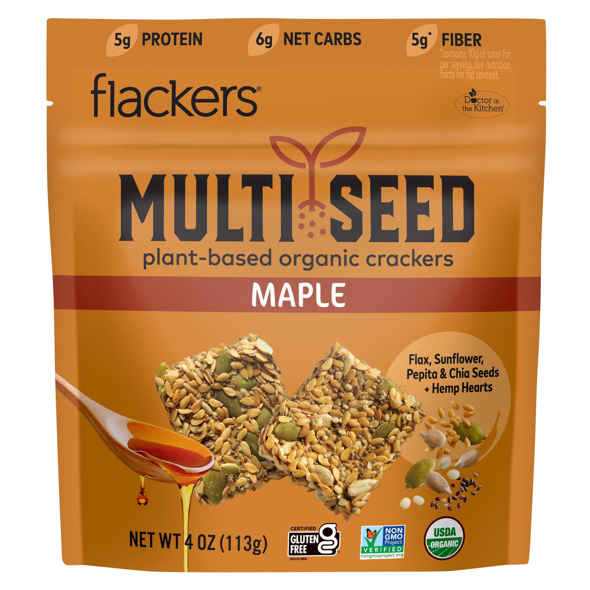 Flackers Organic Maple Multi-Seed Crackers, 4 Ounce 1-Pack, Gluten Free, Non GMO, Vegan, Keto Snack, 5g Fiber, 5g Protein, 6g Ne