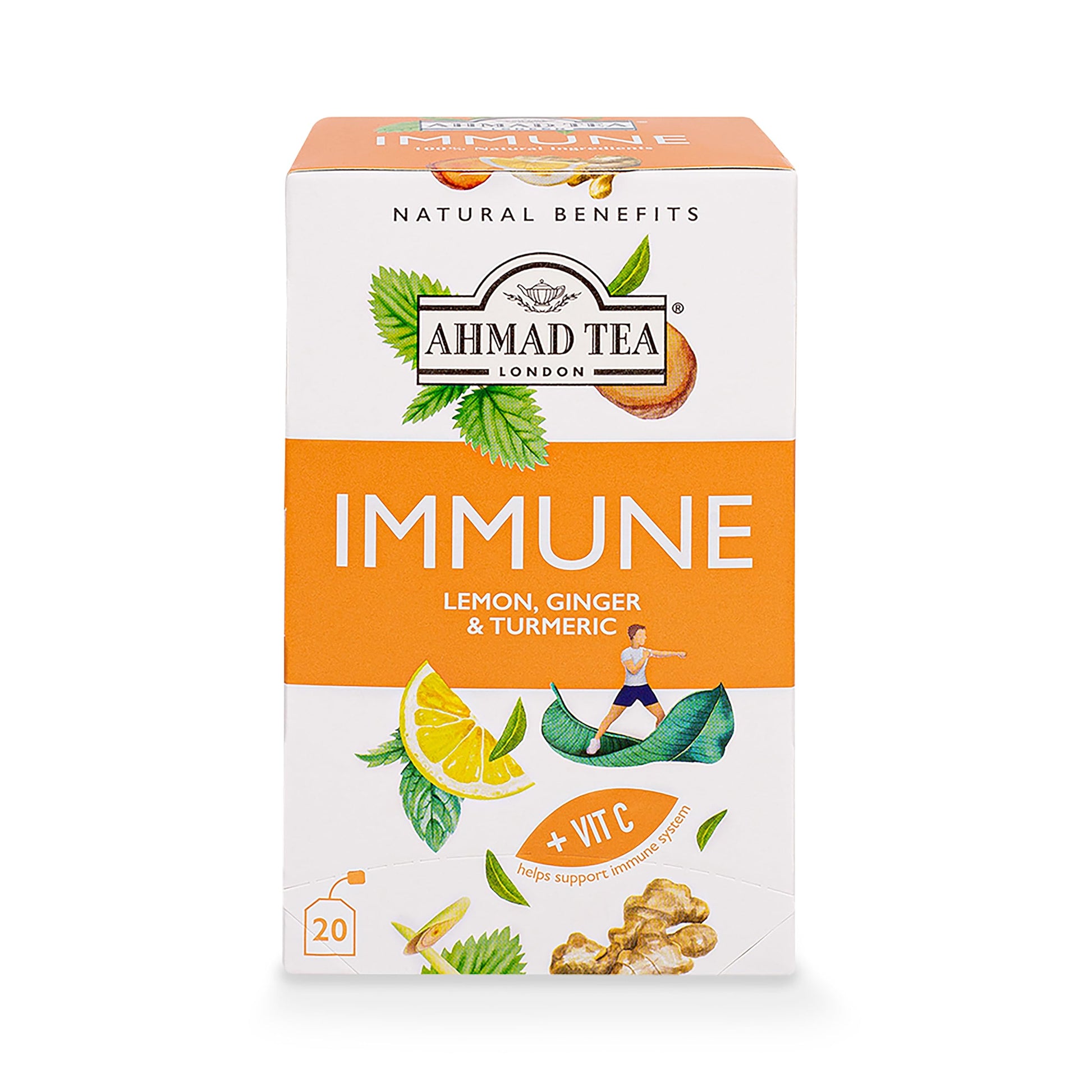 Ahmad Tea Herbal Tea, Lemon, Ginger, Turmeric, & Vitamin C 'Immune' Natural Benefits Teabags, 20 Ct (Pack Of 6) - Decaffeinated & Sugar-Free
