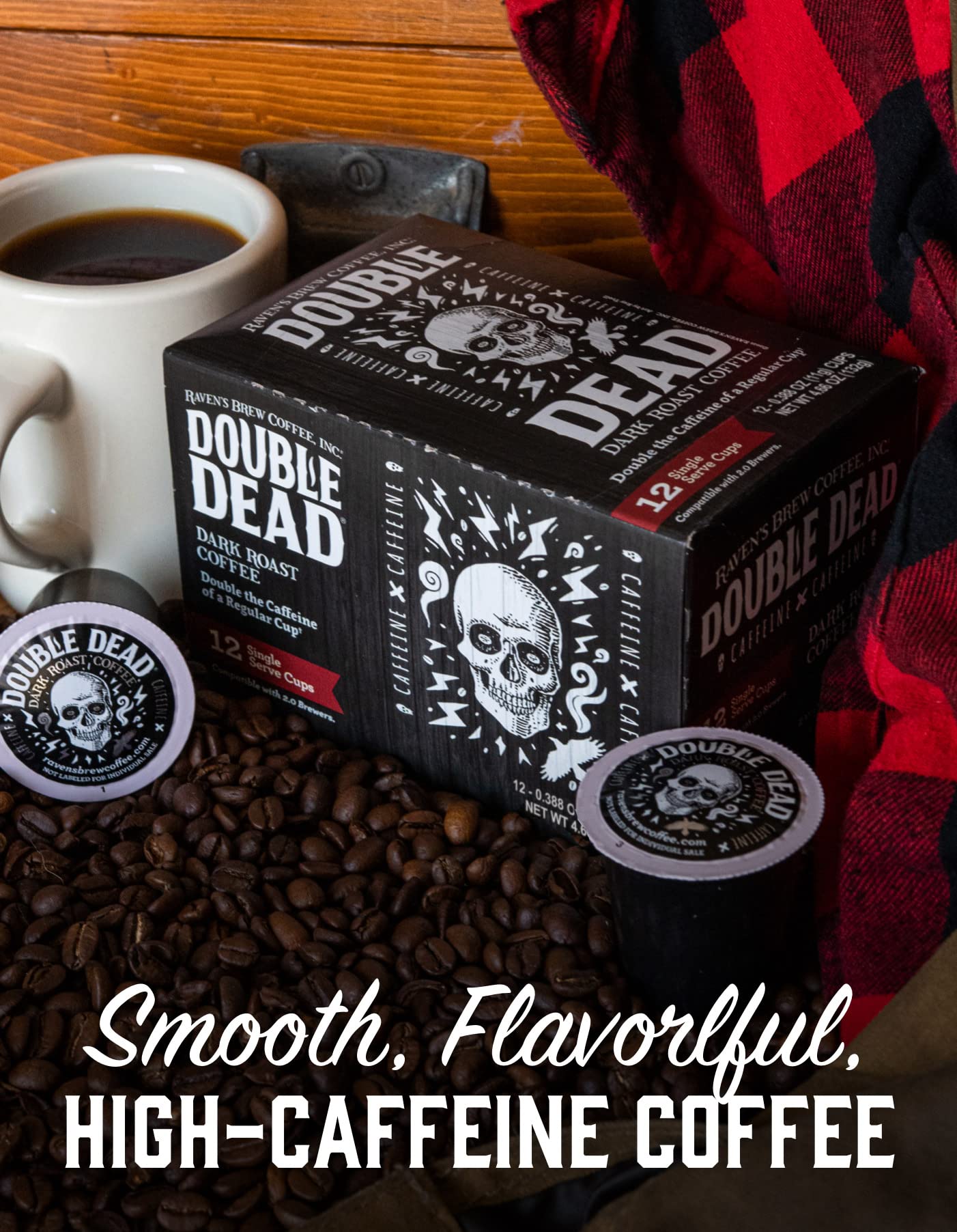 Ravens Brew Coffee High Caffeine Dark Roast K-Cup Pods, 12 Count, Compatible with Keurig