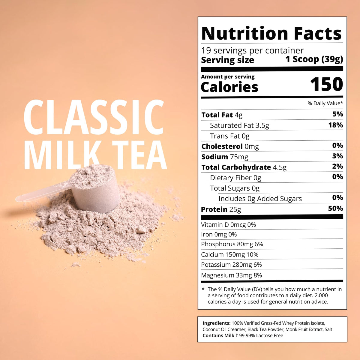 Boba Tea Protein Classic Milk Tea Protein Powder | 25g Grass-Fed Whey Isolate | Gluten-Free | 19 Servings