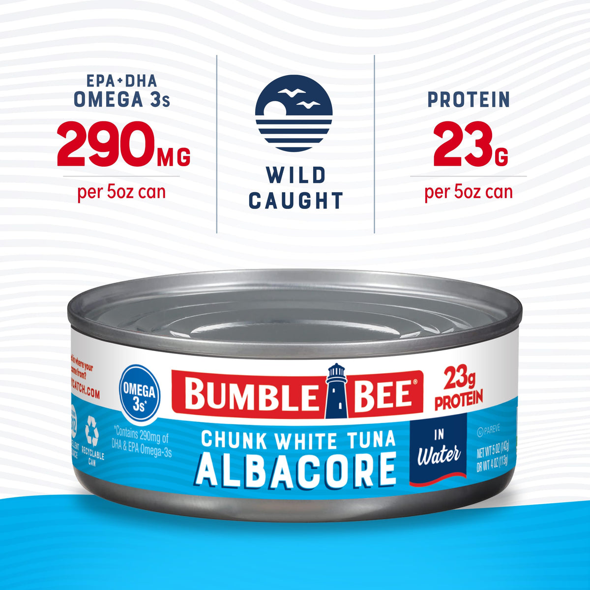 Bumble Bee Chunk White Albacore Tuna In Water, 5 Oz Can (Pack Of 24) - Wild Caught Tuna - 23G Protein Per Serving, High In Omega
