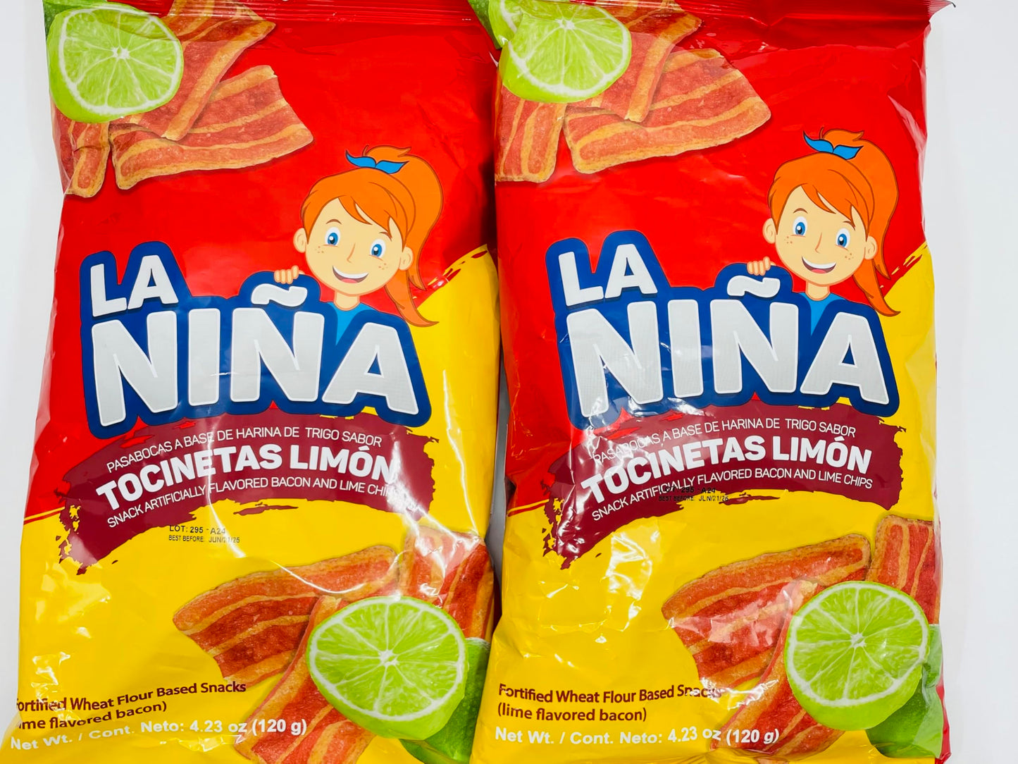 La Nina Tocinetas Limon Bacon and Lime Flavored Wheat Snacks, 120g each - Pack of 2