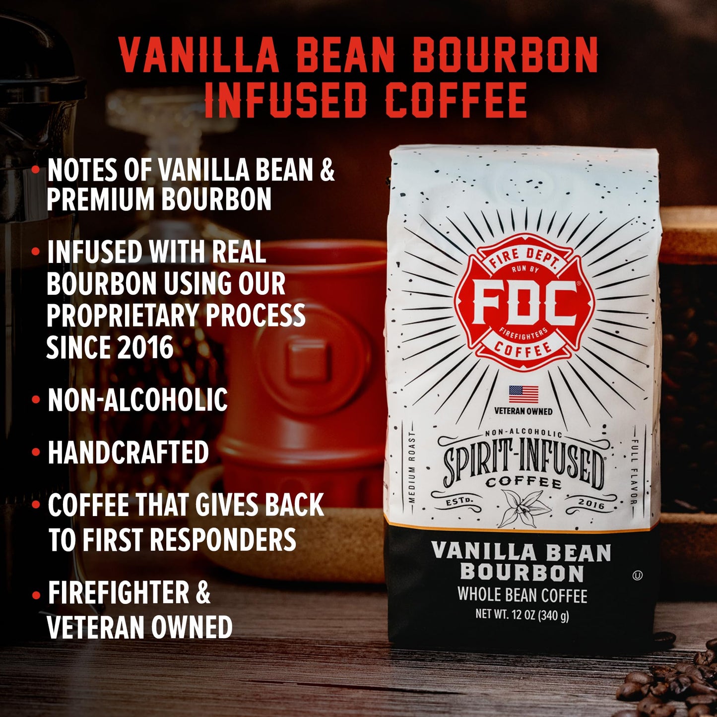 Fire Department Coffee Vanilla spirit-inspired flavor Whole Bean, Non-  ic, 12 oz, Veteran Owned, Roasted in the USA