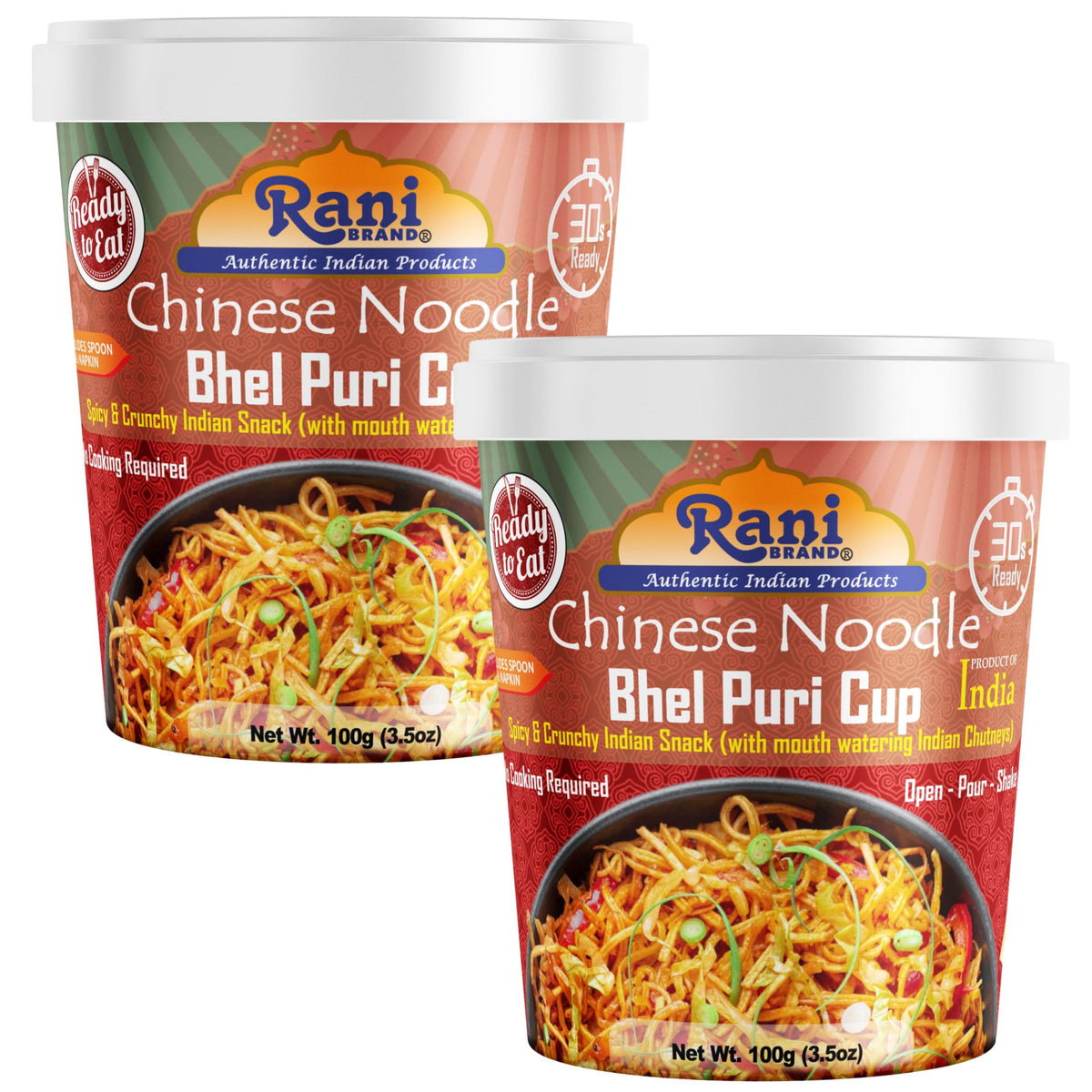 Rani Chinese Noodle Bhel Puri Cup (Spicy & Crunchy Indian Snack w/mouth watering Indian Chutneys) 3.5oz (100g), Pack of 2 ~ Read