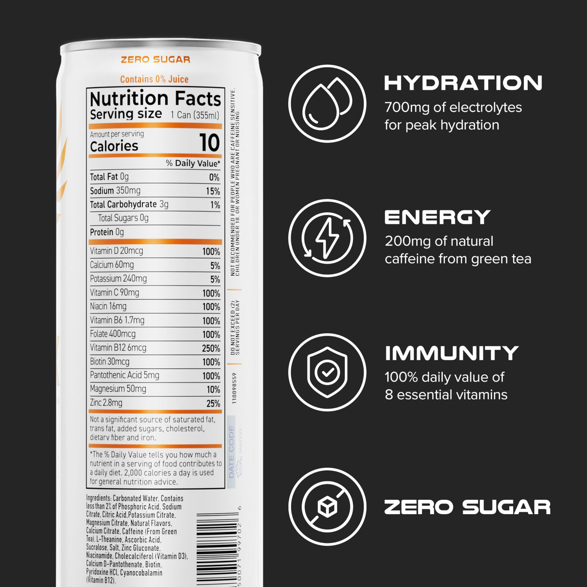 PHX Hydration Energy Drink - 700mg Electrolytes  200mg Natural Green Tea Caffeine  100% Daily Value 8 Essential Vitamins - 12 oz Cans (12 Pack) (12 Pack  Orange)
