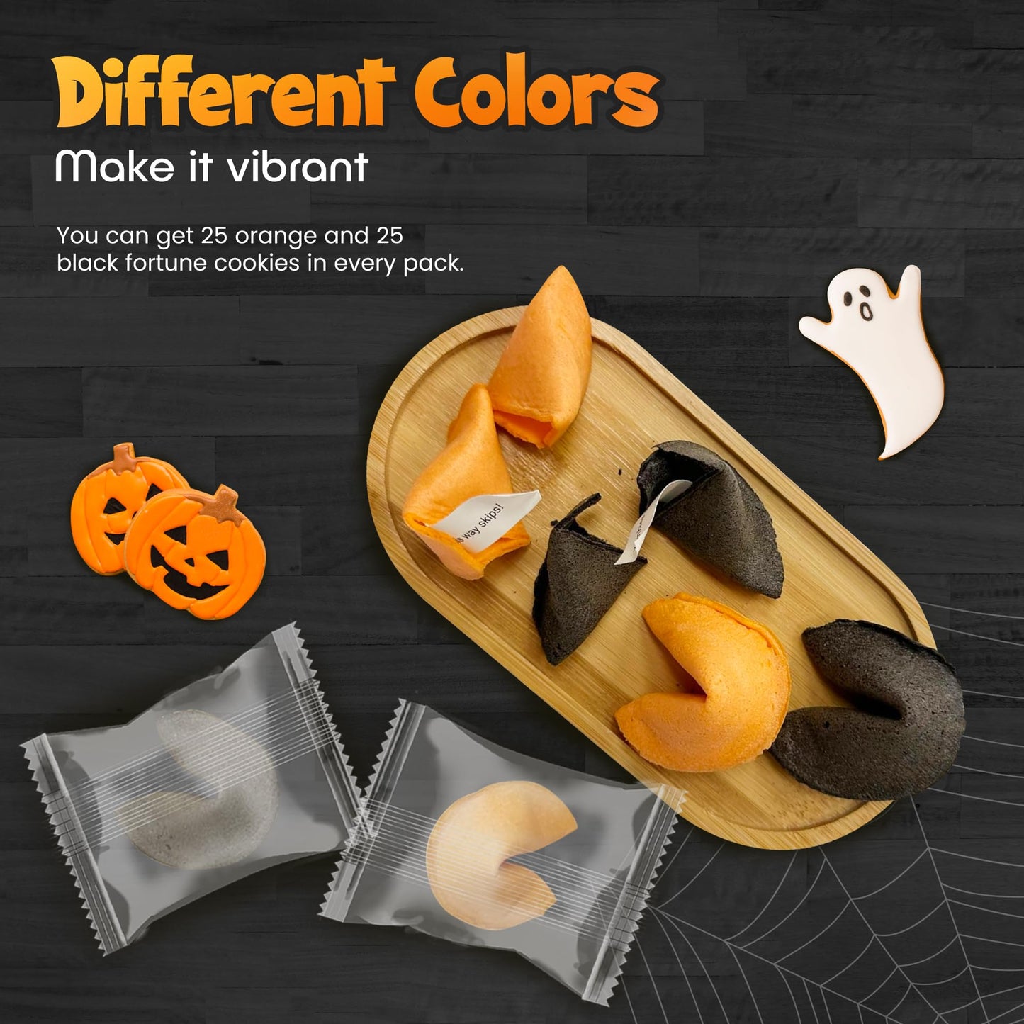 4Es Novelty Halloween Fortune Cookies Bulk - 50 Individually Wrapped with 50 Funny & Scary Fortune Cookies Sayings for Kids & mature-themeds  Trick-or-Treat Perfect for Halloween Party
