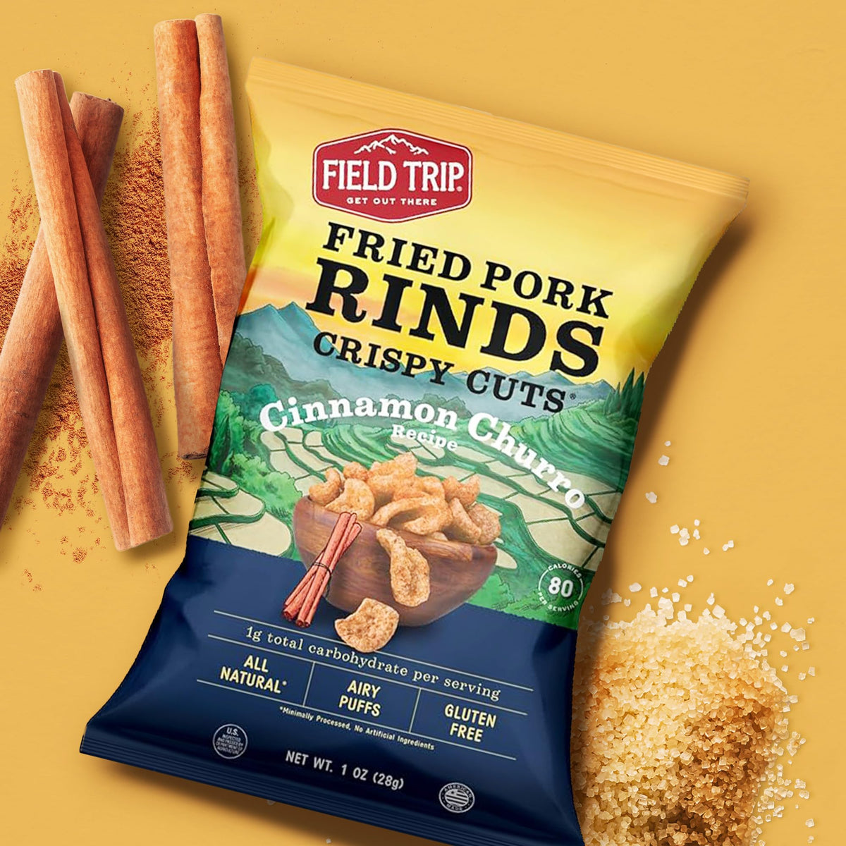 Field Trip Gluten Free Pork Rinds, Paleo And Keto Friendly Airy Puffs, Crunchy High Protein Snacks, Low Carb Snack From Back Pork Skins, 1Oz Bag, 6 Pack, Cinnamon Churro, Holiday & Christmas Gift Item