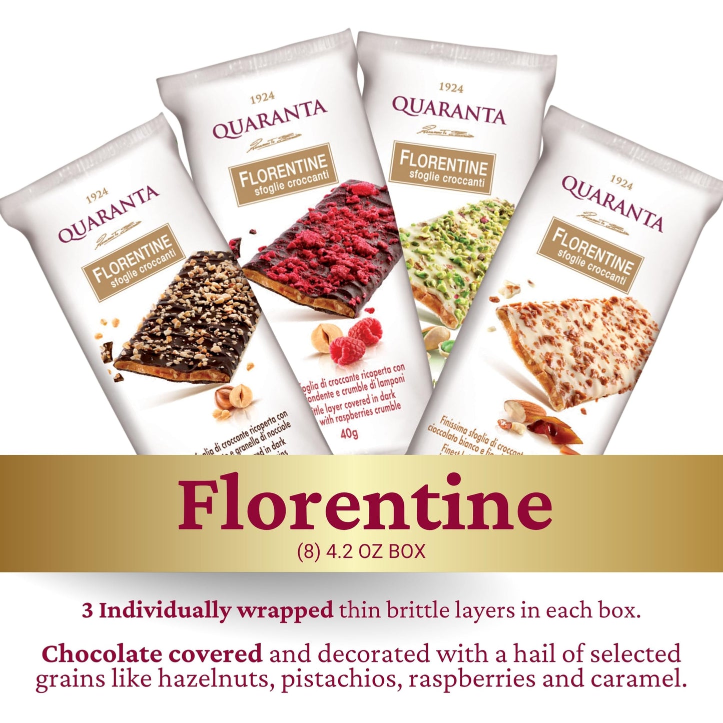 Quaranta Florentine Brittle 8 Pack Variety - Italian Confectionery With Dark & White Chocolate - Raspberries Crumble, French Car