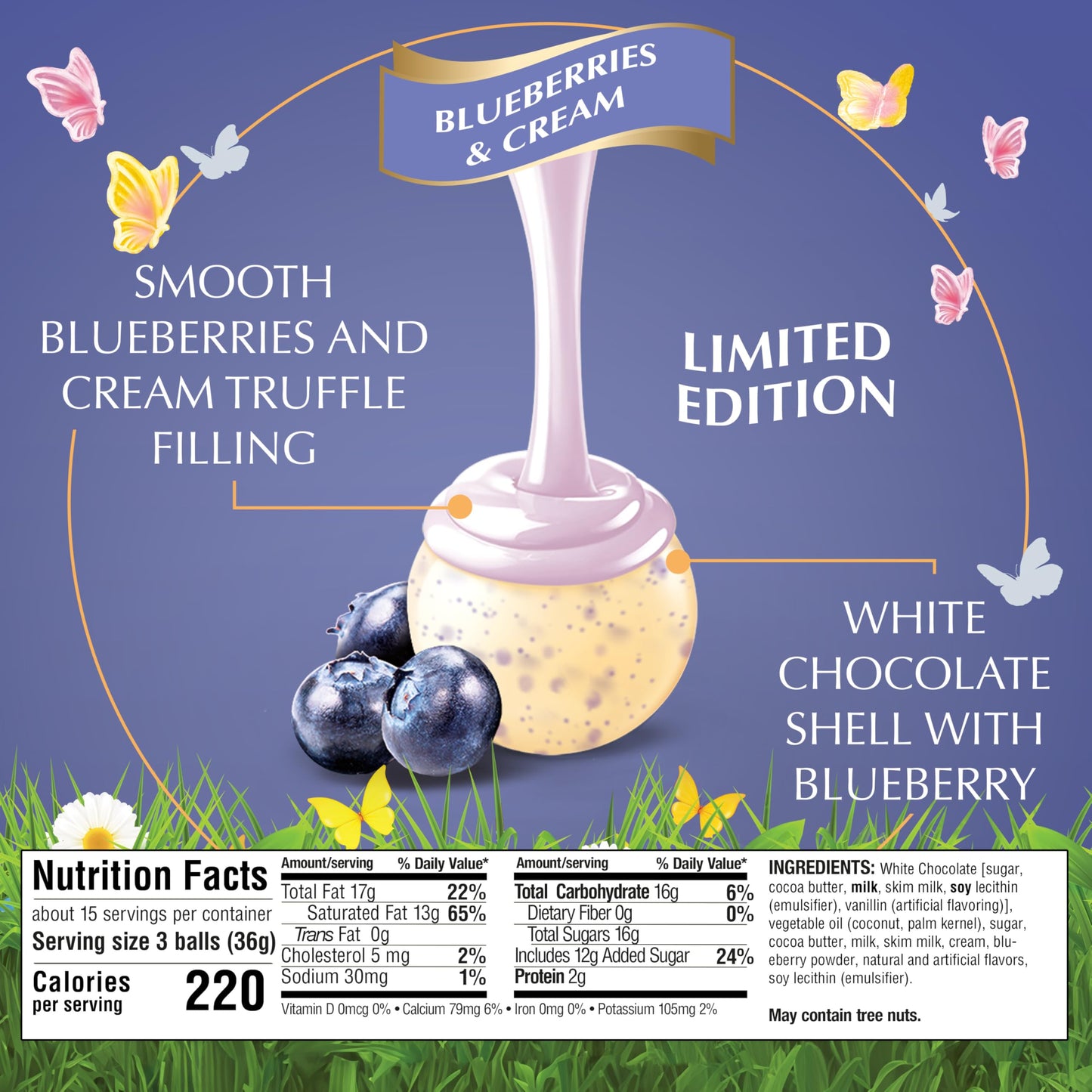 Lindt Lindor Blueberries & Cream White Chocolate Truffles, White Chocolate Easter Candy With Blueberries And Cream Truffle Filli