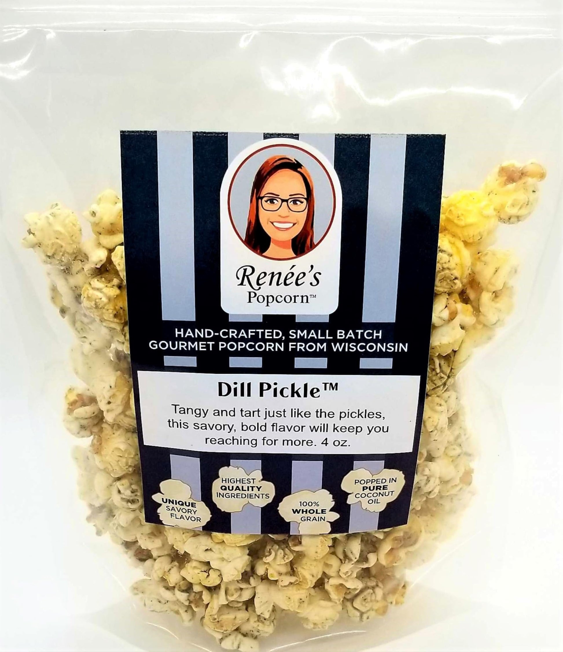 Ren  es Dill Pickle Gourmet Popcorn - tangy and tart just like the pickles, this savory and crunchy bold flavor delights on hand
