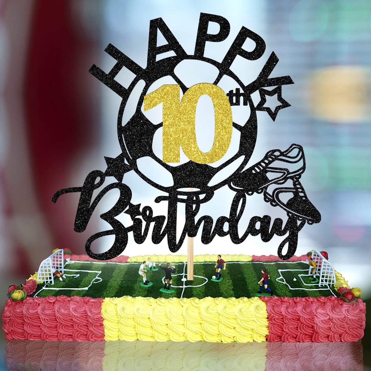 Aeryourtar Cake Topper Glitter Soccer Theme 10th Birthday Decorations for Boys and Girls - Paper, 10 Years Old