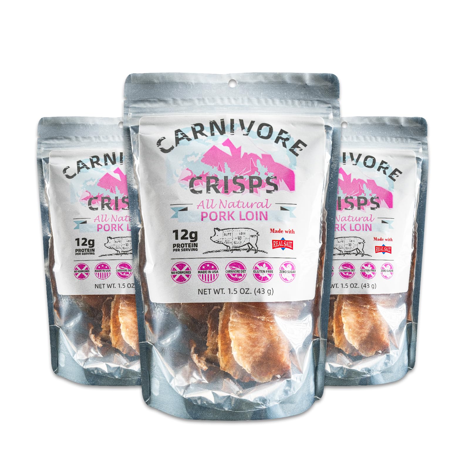 Carnivore Crisps Pork Loin Crisps, High Protein, Gluten-Free, 1.5 oz (Pack of 3)