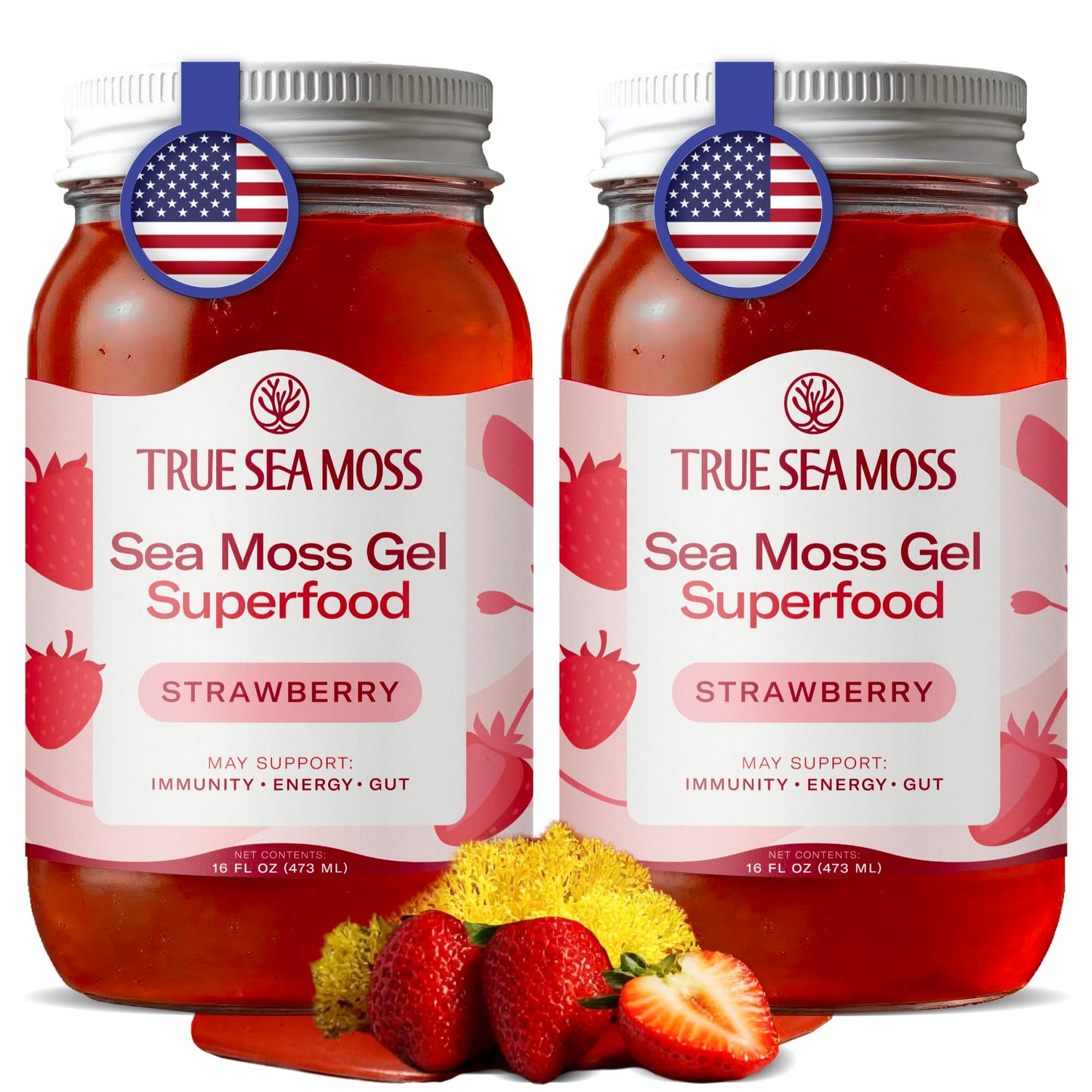 TrueSeaMoss Sea Moss Gel - Made in USA - Wildcrafted Seamoss  Fresh Fruits & Jarred Vegetables - Strawberry  Pack of 2 (Labels may Vary)
