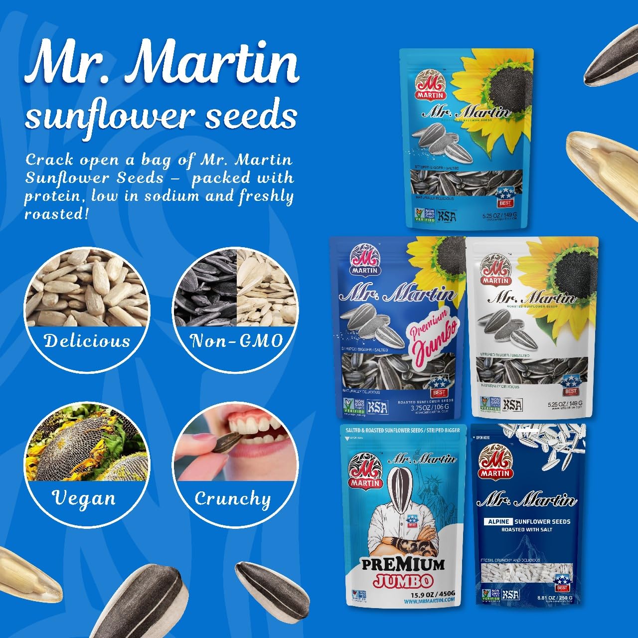 Mr. Martin Freshly Roasted Unsalted Sunflower Seeds To Eat – Non-Gmo, Kosher, Crunchy, Delicious, Vegan, Keto Friendly, Low Sodium Snack – 5.25 Oz, 6 Pack
