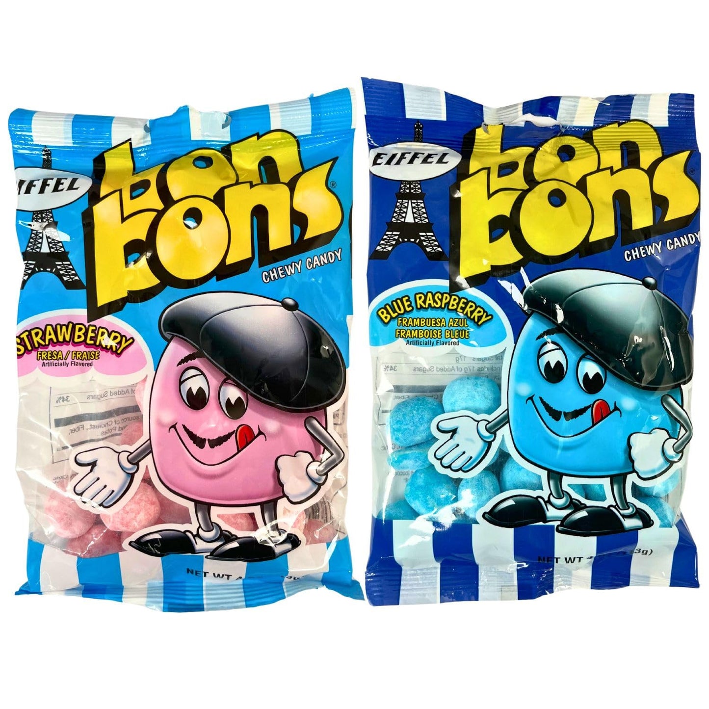 Eiffel Bon Bons Variety 2 Pack - Strawberry & Blue Raspberry - 4 Oz Bags Assortment Gift Set - Chewy French Candy Snack - Enjoye