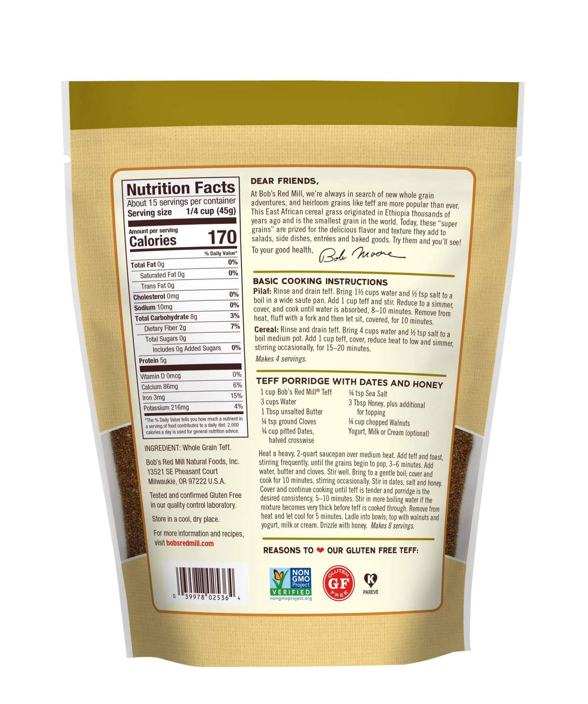 Bobs Red Mill Whole Grain Teff, 24oz (Pack of 1) - Non GMO, Whole Grain, Vegan, Kosher