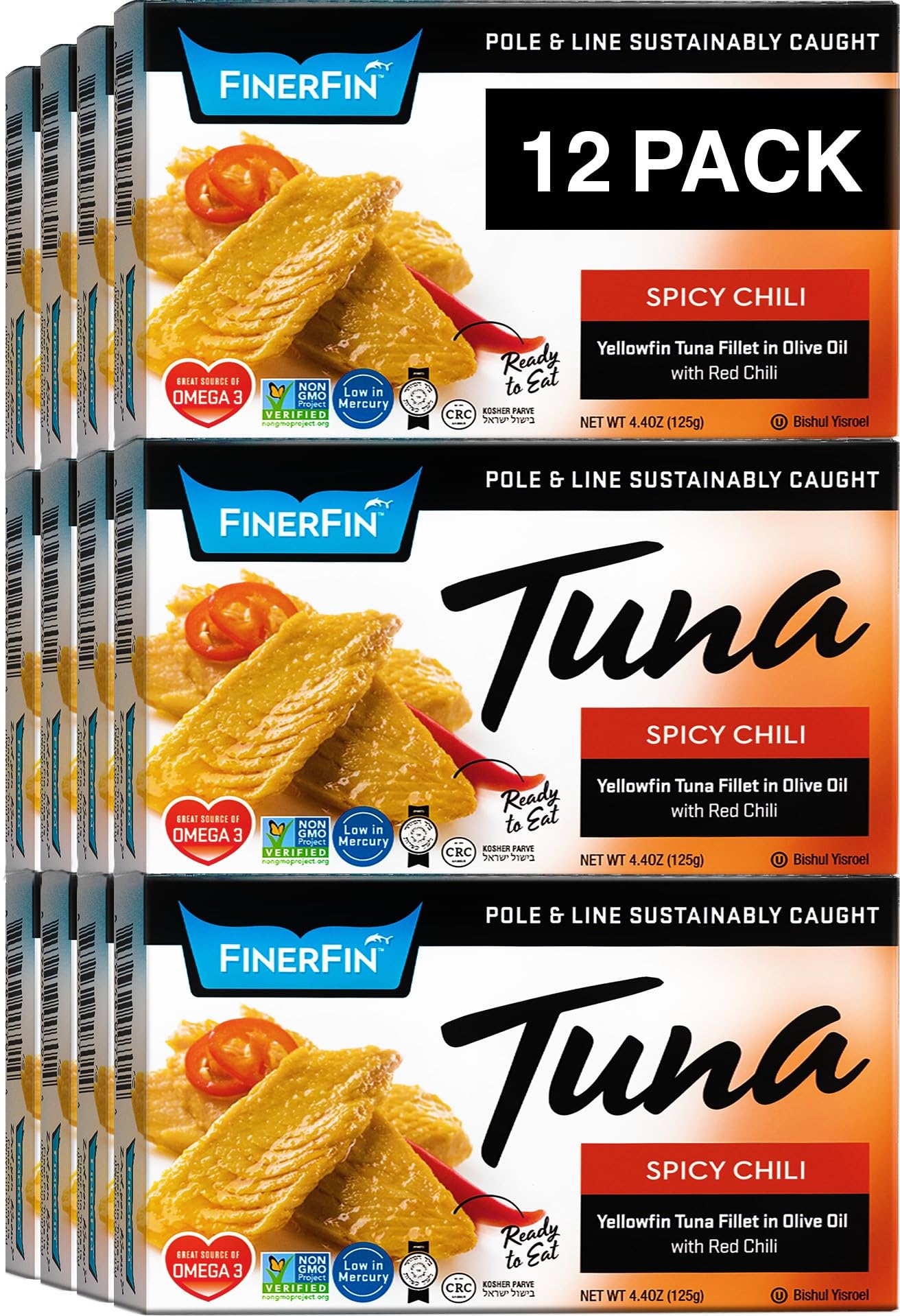 FinerFin Yellowfin Tuna Salad in Organic Olive Oil, Spicy Chili Flavor, 4.4oz can, Pack of 12