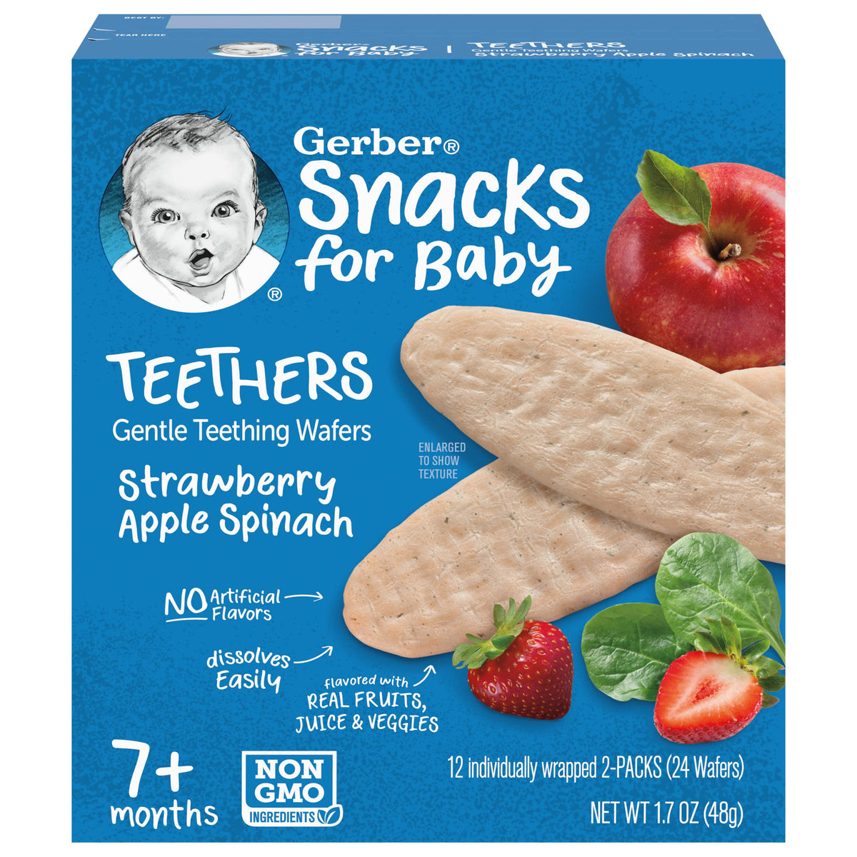 Gerber Snacks For Baby Teethers, Strawberry Apple Spinach, Gentle Teething Wafers, Non-Gmo Ingredients, 12 Individually Wrapped