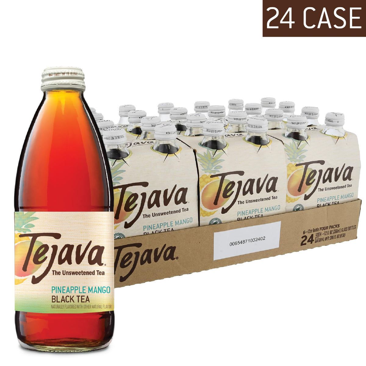 Tejava Pineapple Mango Black Iced Tea, 24 Pack, 12Oz Glass Bottles, Unsweetened, Non-Gmo, Kosher, No Sugar Or Sweeteners, No Cal