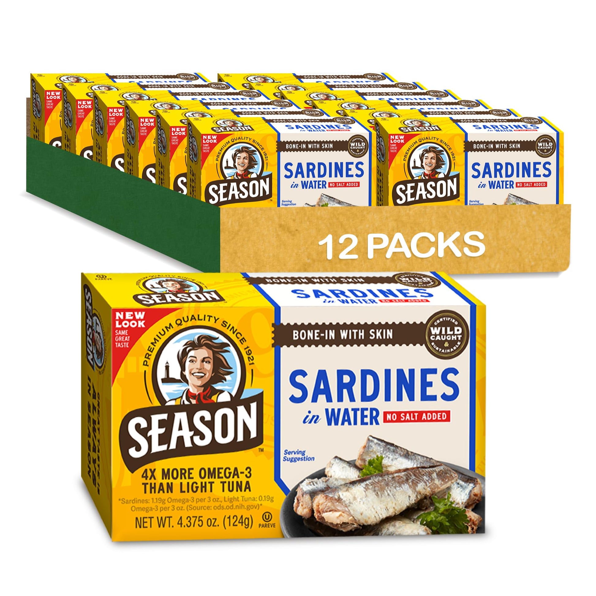 Season Sardines in Water - No Salt Added, Wild Caught, 22g of Protein, Keto Snacks, More Omega 3 s Than Tuna, Kosher, High in C