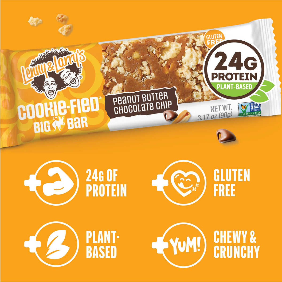 Lenny & Larry'S Cookie-Fied Big Bar - Peanut Butter Chocolate Chip Vegan Protein Bars 12X90G - Healthy Snacks, 24G Plant Protein
