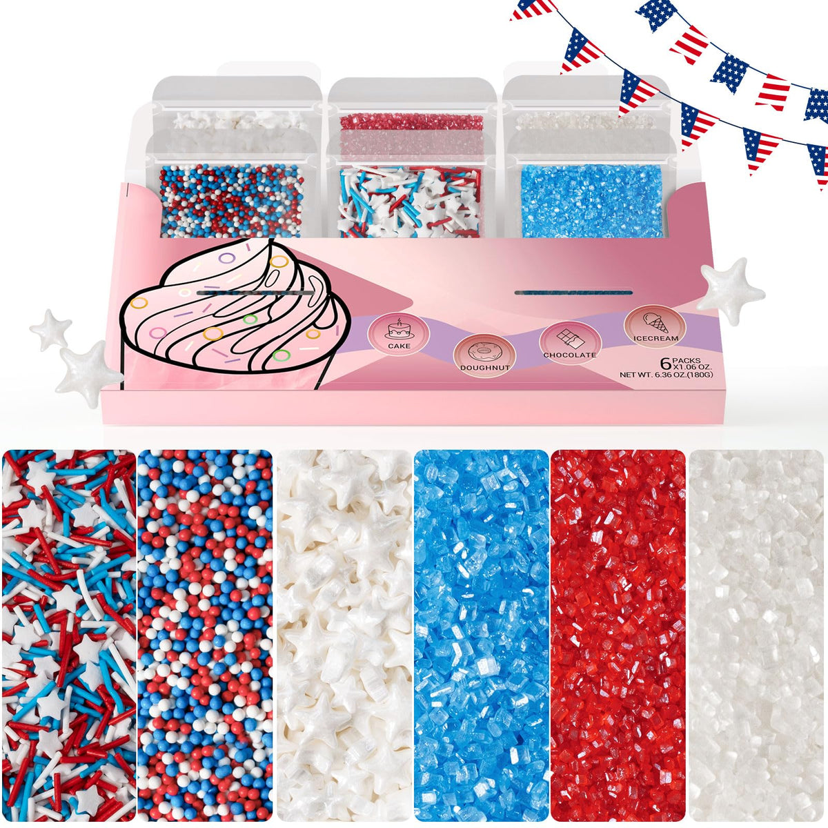 Huebeaty 6-In-1 Red White And Blue Sprinkles - Patriotic 4Th Of July Star Sprinkles For Cake Decorating & Baking-180G | Sanding Sugar  Nonpareils & Jimmies For Cupcakes  Cookies  Ice Cream