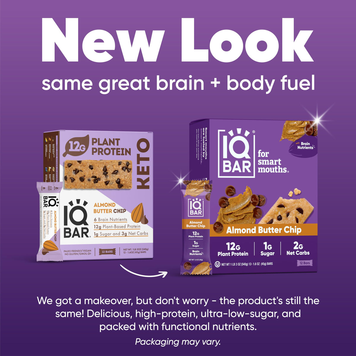 IQBAR Plant Protein Bars - Almond Butter Chip - 36 Count - Low Carb, Gluten Free, High Fiber, Vegan Snacks