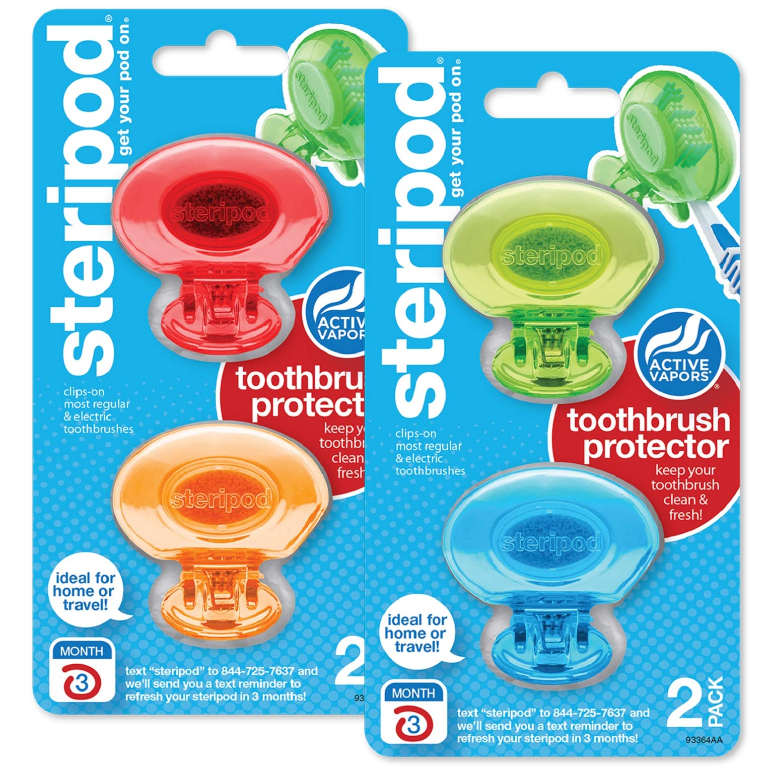 Steripod Clip-On Toothbrush Protector, Keeps Toothbrush Fresh And Clean, Fits Most Manual And Electric Toothbrushes, Blue, Green