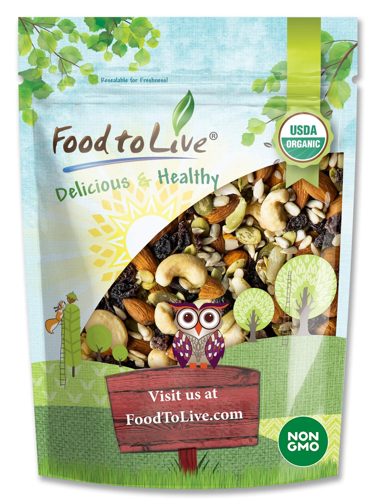 Food To Live Organic Raw Seeds, Nuts And Raisins Mix, 8 Ounces - Raw, Non-Gmo Trail Mix Contains Almonds, Cashews, Pumpkin Seeds