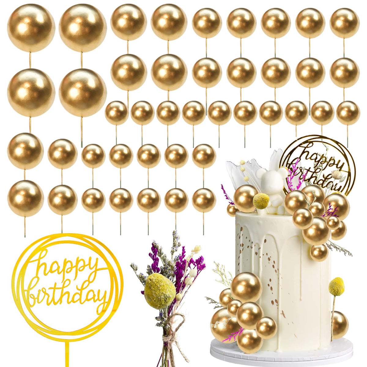 44 Pcs Mini Balls Cake Topper Diy Cake Insert Topper Foam Cake Balls Faux Pearl Balls Artificial Dried Flowers Baking Decoration
