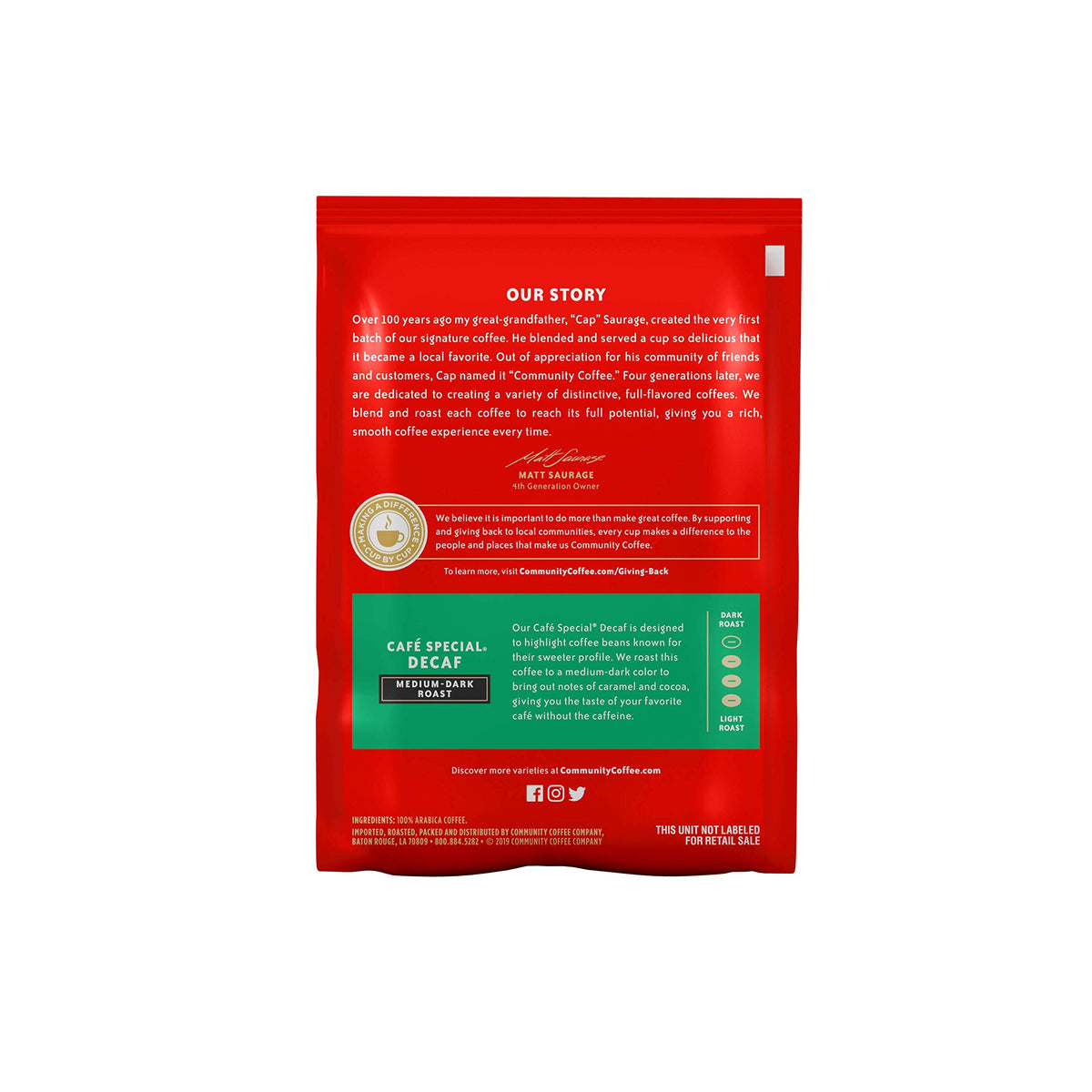 Community Coffee Café Special Decaf Medium Dark Roast Coffee Packs, 2.5 Ounce Each, Pack of 20
