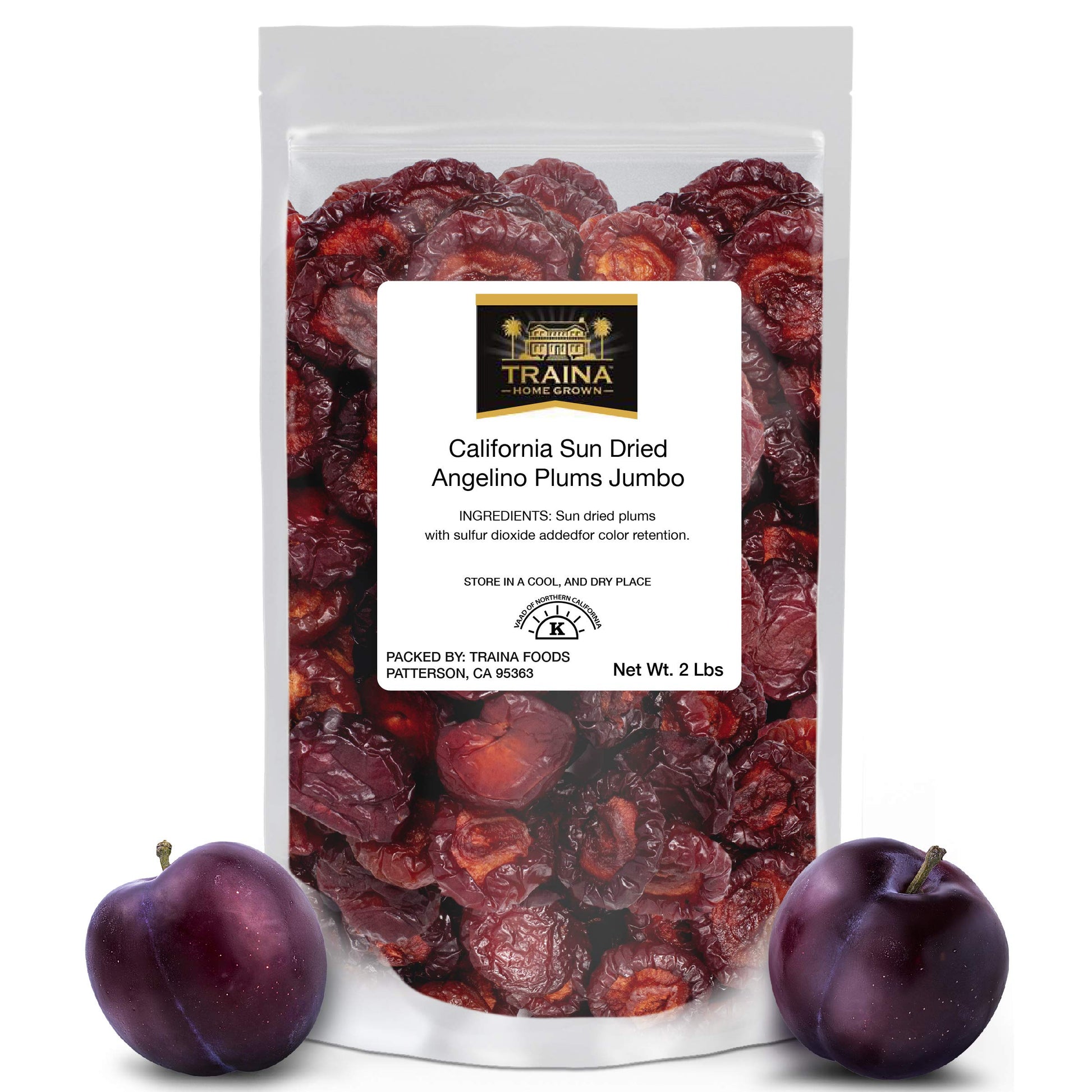 Traina Home Grown Jumbo California Sun Dried Angelino Plum Halves - Healthy  No Sugar Added  Chewy  Tangy  Deep Violet Color  Non Gmo  Gluten Free  Kosher Certified  Vegan  Packed In Resealable Pouch (2 Lbs)