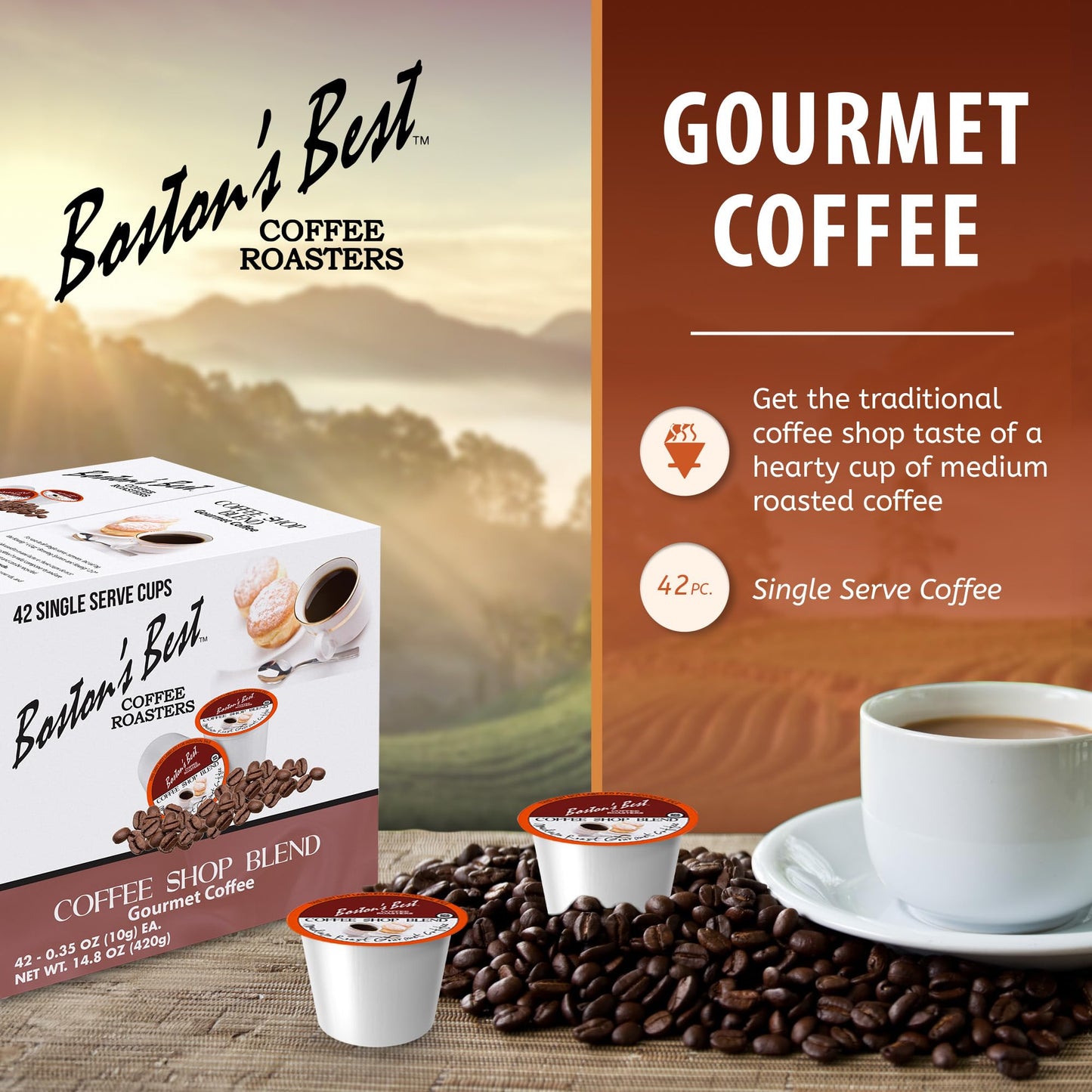 Bostons Best Coffee Shop Blend, Medium Roast, 42 Single Serve Cups