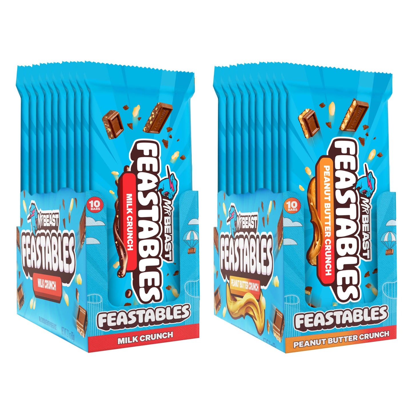 Feastables Mrbeast Combo Pack, King Size Milk Crunch, & Peanut Butter Crunch Chocolate Bars, 10 Each, Candy Bars For Mature-Themeds & Kids As Snacks, Gifts, Or Dessert, Fairtrade Cocoa, 2.1 Oz Each, 20 Count