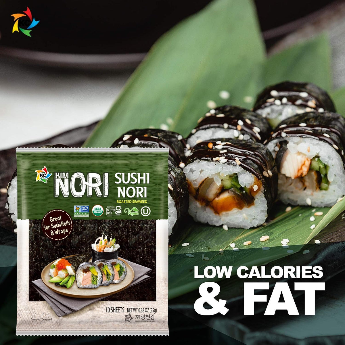 KIMNORI Sushi Nori Sea  Sheets, USDA Organic, 50 Full Size, Gluten Free, Vegan, 10 Count (Pack of 5)