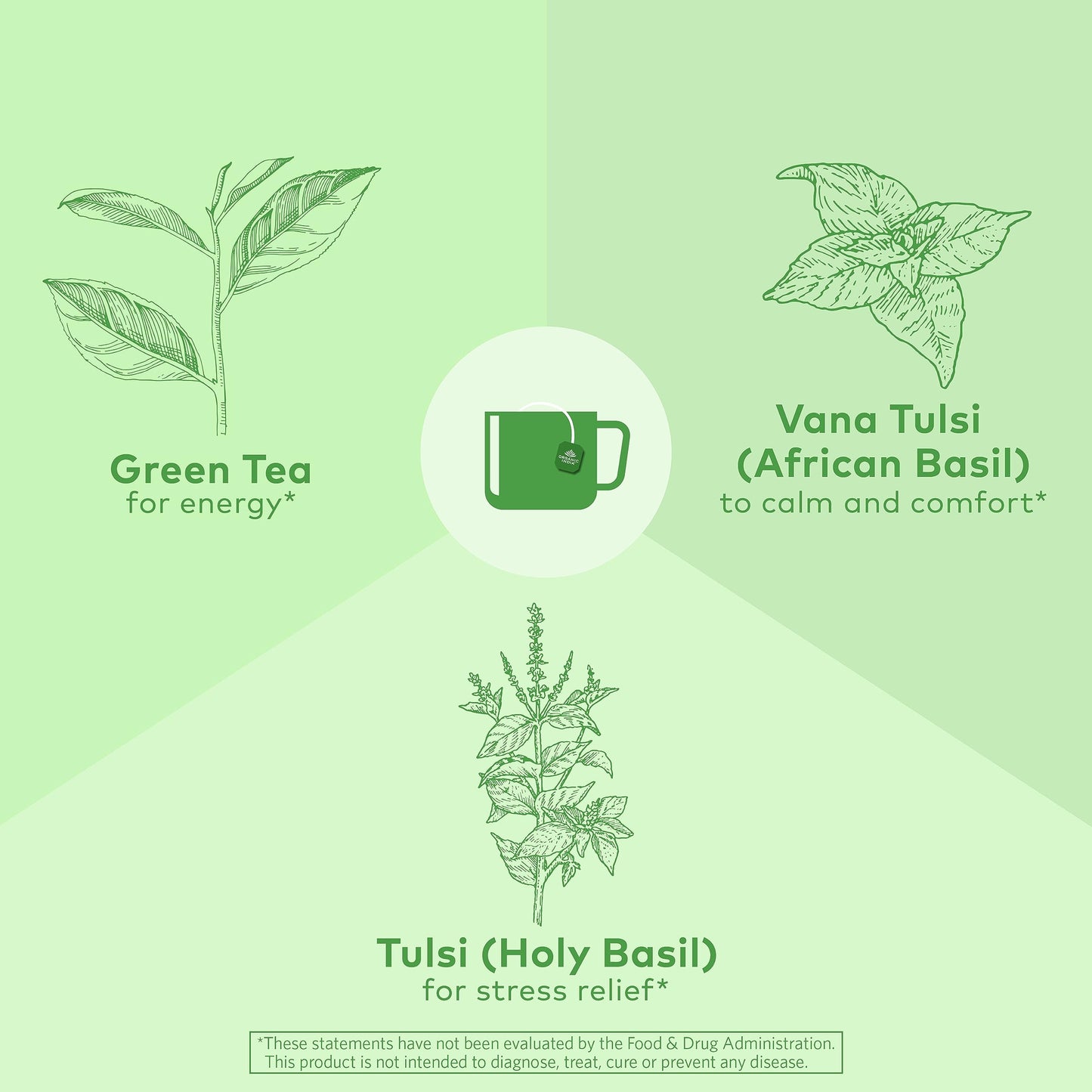 Organic India Tulsi Green Tea Bags - Holy Basil Tea, African Basil, Stress Relieving, Immune Support, Usda Certified Organic, Premium Darjeeling Green Tea, Caffeinated - 18 Infusion Bags, 3 Pack