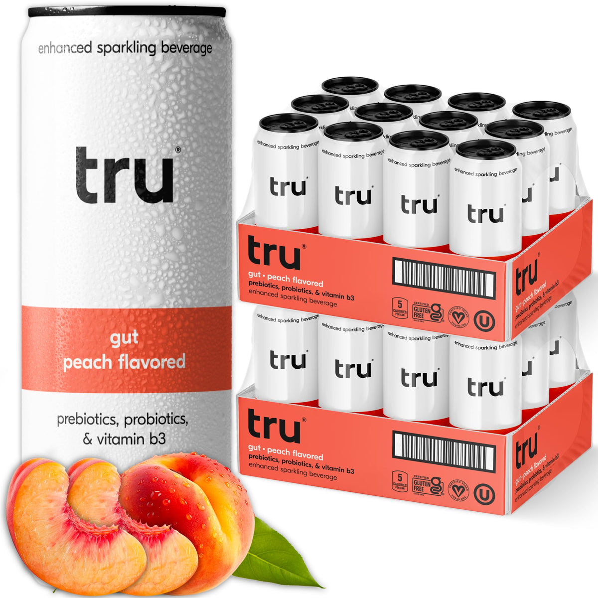 Tru Gut Seltzer  Sparkling Water With Prebiotics  Probiotics & Vitamin B3  Peach Juice & Natural Flavor  Lightly Carbonated  Gluten Free  Vegan  Energy Blend Free  Low Calorie  12 Fl Oz Cans  12 Pack