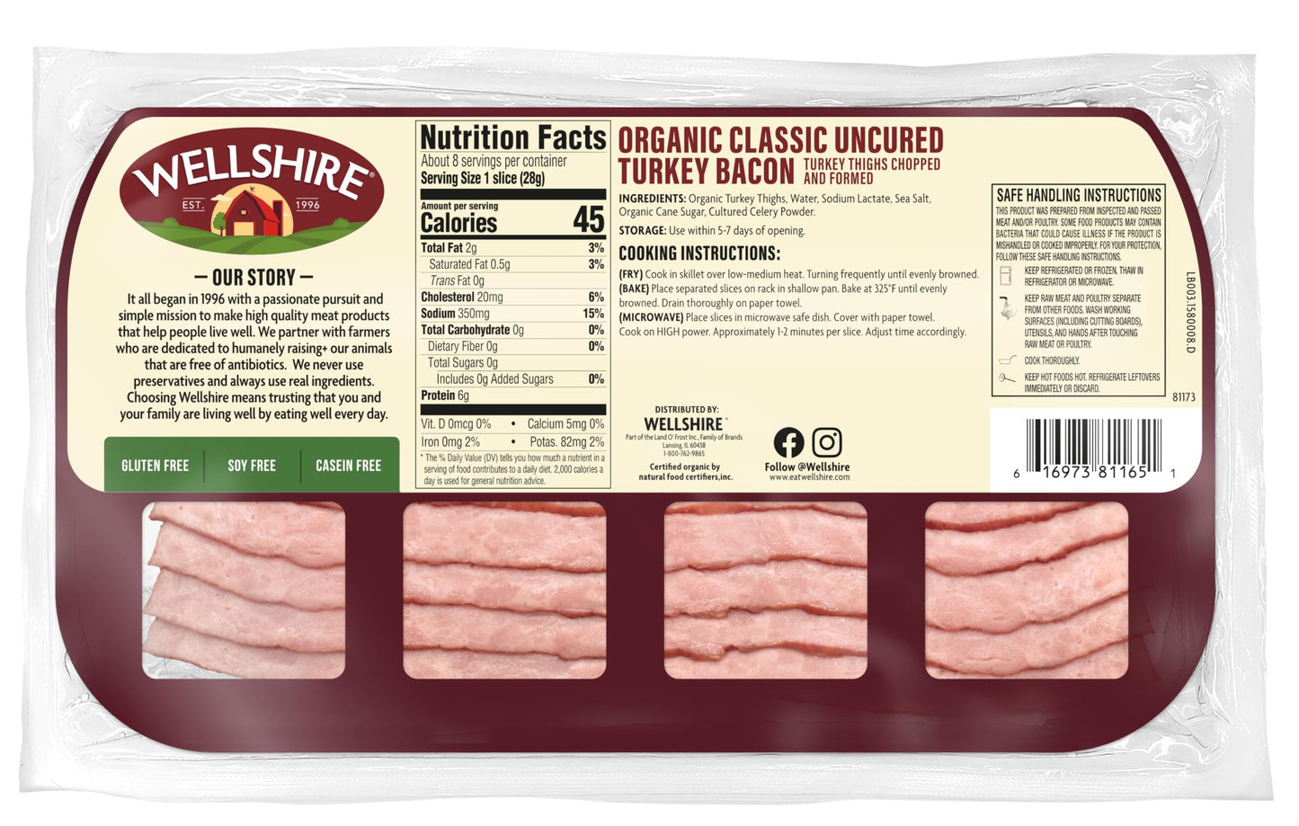 Wellshire Farms 8oz Uncured Turkey Bacon - Made from Organic Turkey Thighs with No Antibiotics or Hormones, a Lean and Flavorful