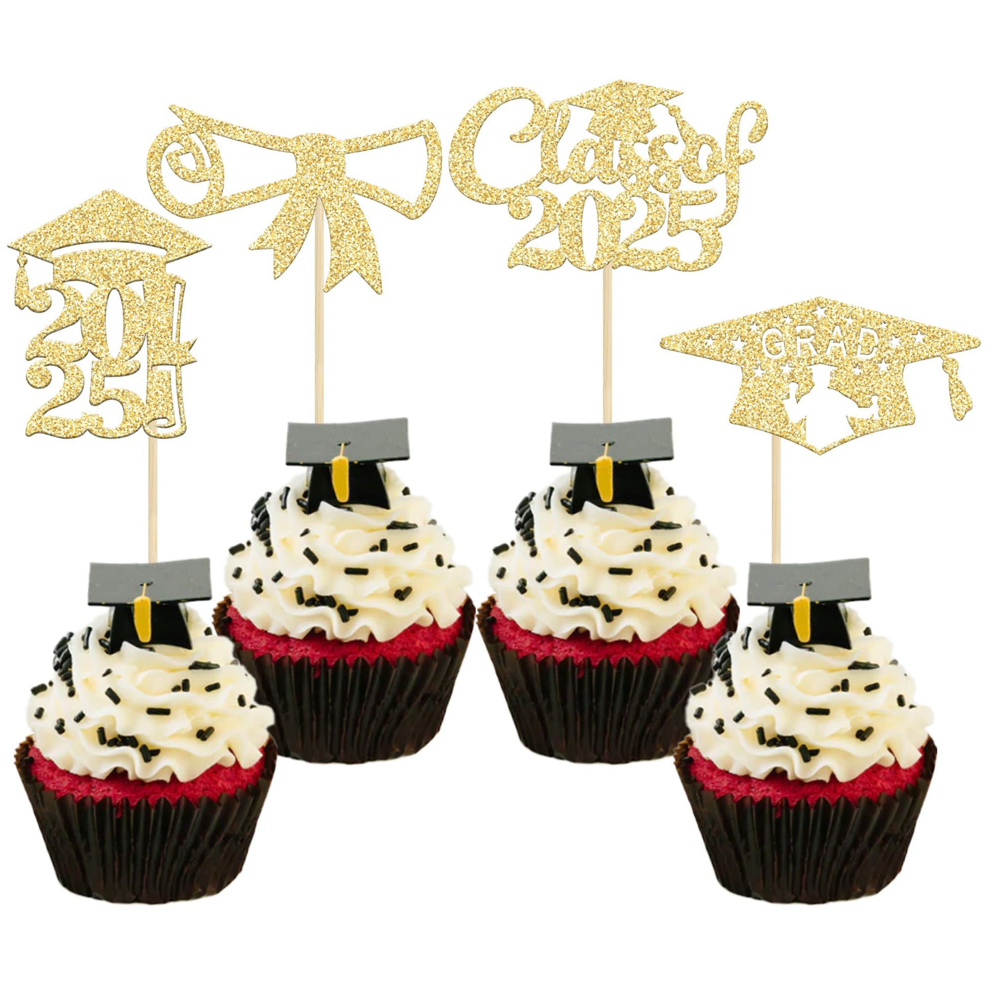 Gyufise Graduation Cupcake Toppers - 24 Pcs Gold Glitter Class of 2025 Diploma Caps for Party Decorations