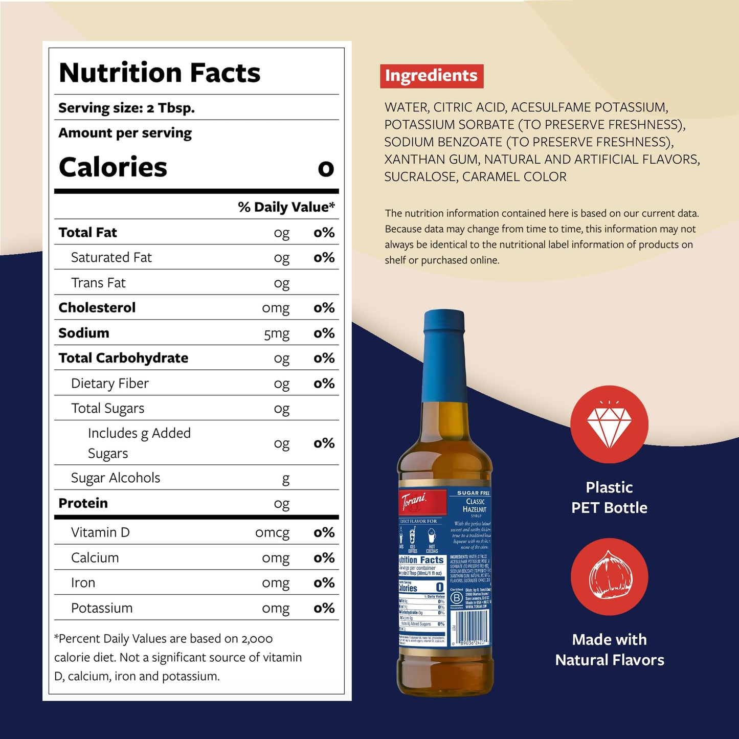 Torani Sugar Free Coffee Syrup, Classic Hazelnut Flavoring For Drinks, Zero Calorie, Pump Included, 25.4 Fl Oz