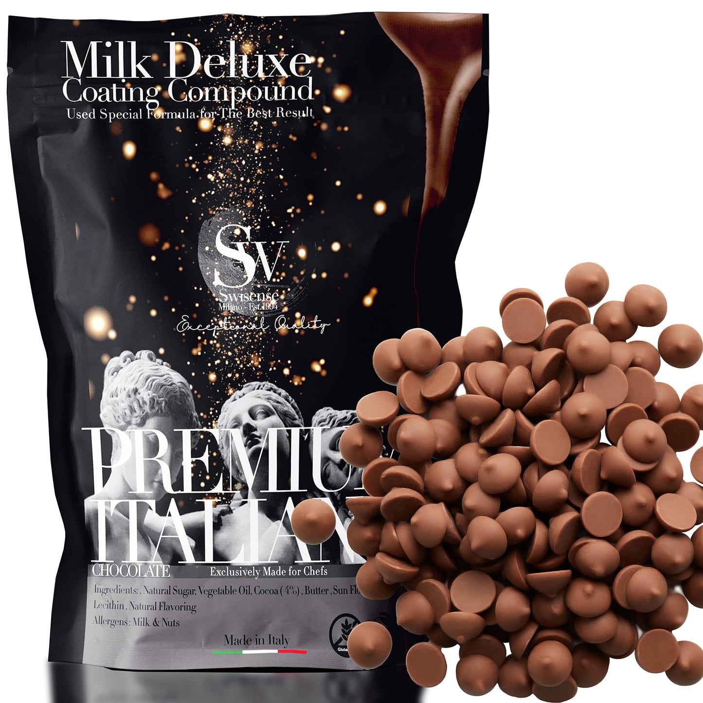 Premium Italian Melting Chocolate Candy Melts 5 Lbs | Only 5 Natural Ingredients | GMO and Gluten Free | Milk DeLuxe Compound Ch