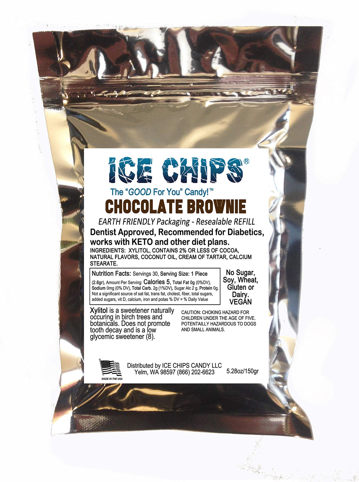 ICE CHIPS Xylitol Candy, Low Carb & Gluten Free, Chocolate Brownie, 5.28 oz Resealable Pouch