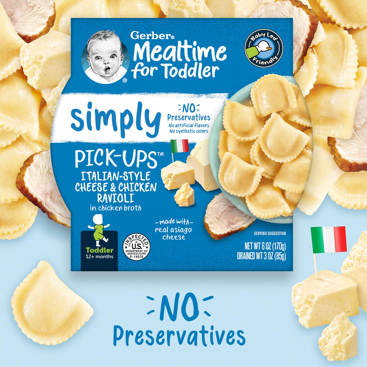 Gerber Toddler Food, Pick-Ups, Italian-Style Chicken & Cheese Ravioli, Baby Food, Simply No Preservatives, 6 Ounce (Pack Of 8)