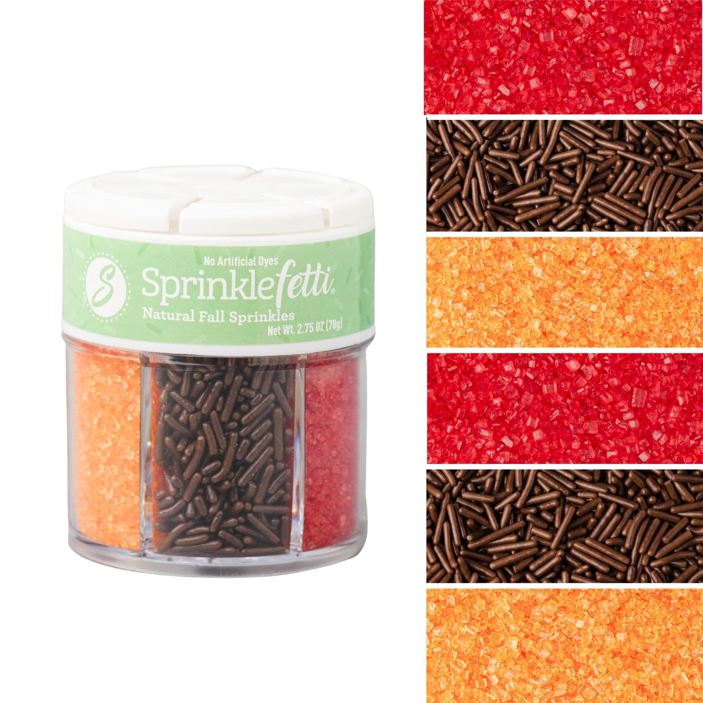 Sweets Indeed Natural Fall Sprinkles 6-Cell Jar - 2.75 oz | Dye-Free Chocolate Jimmies & Red & Orange Sanding Sugars | Autumn & Thanksgiving Cupcake & Cookie Decorations