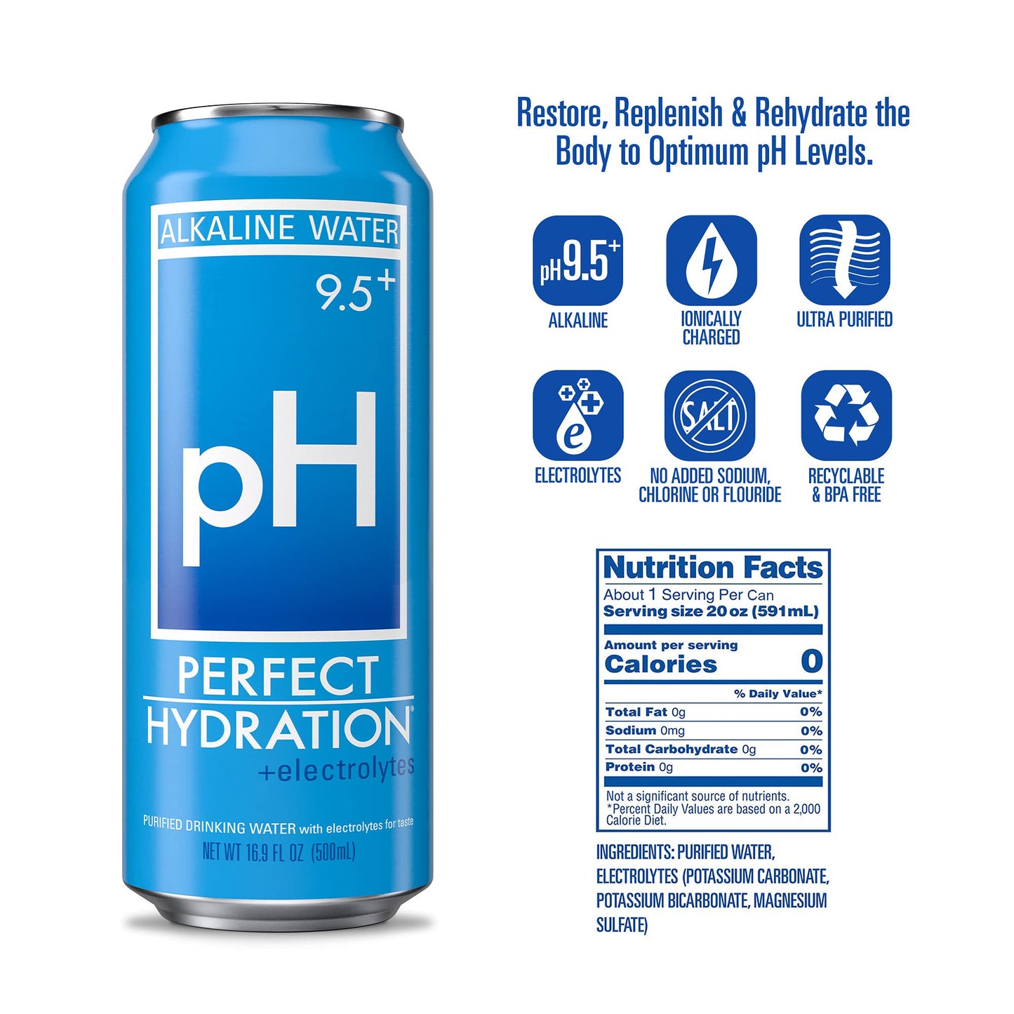 Perfect Hydration 9.5+ Ph Alkaline Water, Electrolyte Minerals For Taste, Made In The Usa, 16.9 Oz Recyclable Aluminum Cans, Pack Of 12