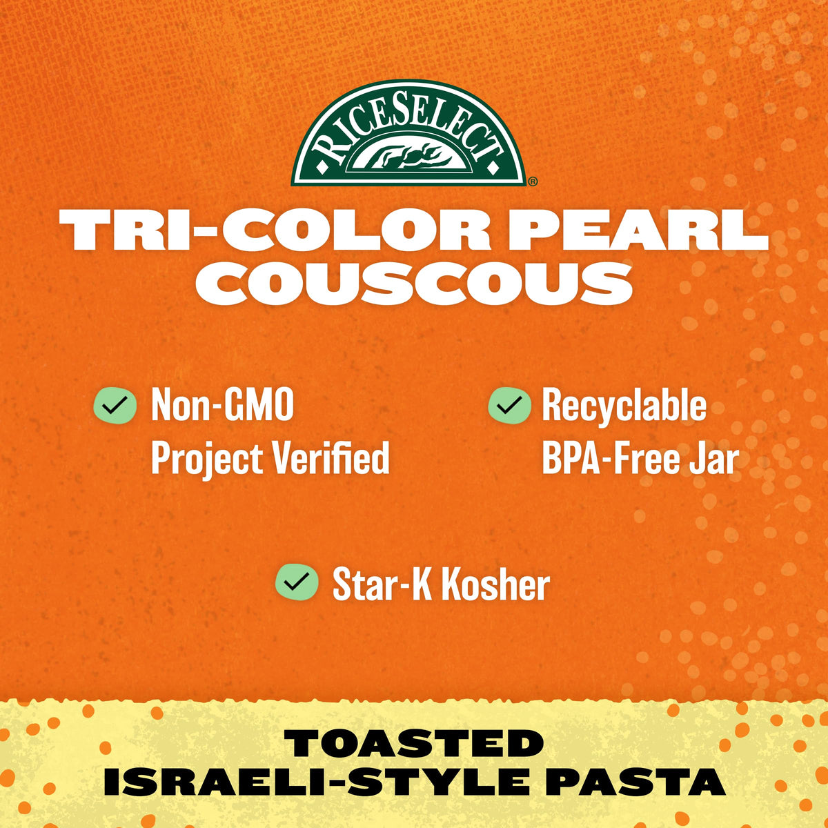 RiceSelect Tri-Color Pearl Couscous, Toasted Israeli Pasta, Spinach & Paprika, 24.5 oz Jar (Pack of 1)